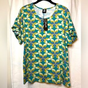 NWT Agnes & Dora Blue Green Abstract Floral Frill Short Sleeve Top Flowy Size S